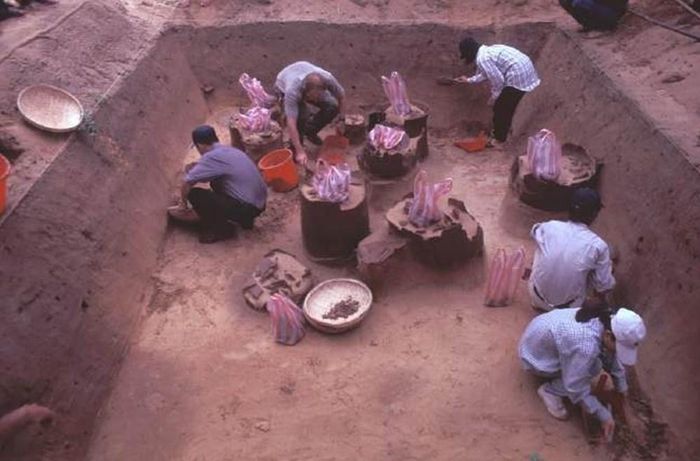 Các chuyên gia và cán bộ kỹ thuật làm việc tại hố khai quật ở khu mộ táng di tích Lai Nghi (Điện Bàn). Ảnh: BTQN