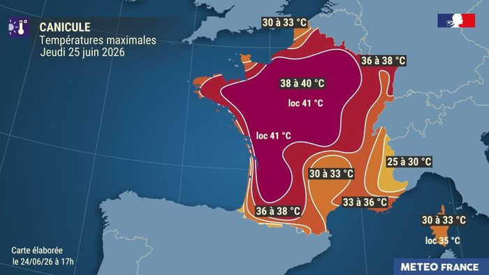 Nhiệt độ cao nhất dự báo lên tới 41 độ C trong ngày 25/6. (Nguồn: Météo-France)