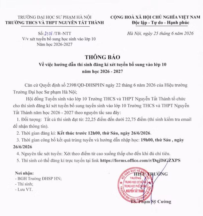 Trường THCS và THPT Nguyễn Tất Thành, thuộc Trường Đại học Sư phạm Hà Nội thông báo đăng ký xét tuyển bổ sung vào lớp 10 năm học 2026-2027.