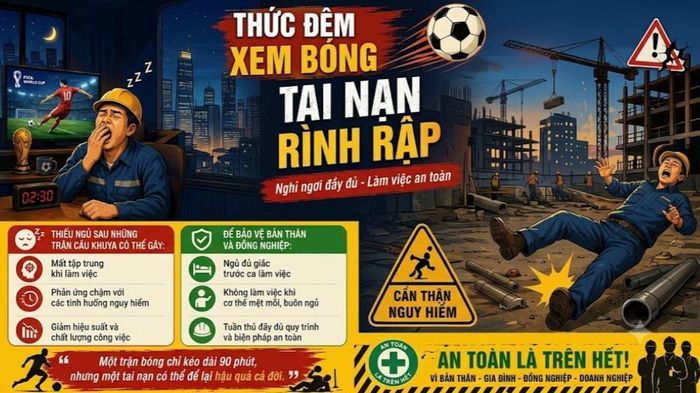 BSR đưa ra khuyến cáo về nguy cơ mất an toàn do thiếu ngủ khi thức khuya theo dõi các trận đấu tại World Cup 2026, khuyến nghị người lao động bảo đảm thời gian nghỉ ngơi để duy trì sức khỏe và sự tỉnh táo trong công việc.