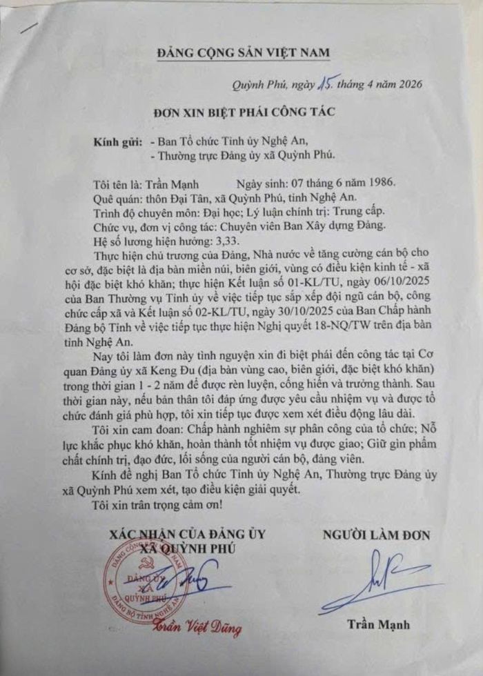 Lá đơn tình nguyện lên công tác ở xã Keng Đu của anh Trần Mạnh - Ảnh: NVCC