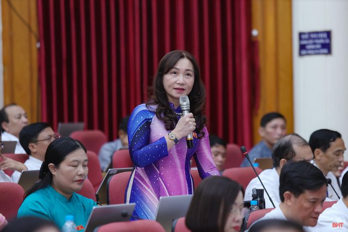 Đại biểu Nguyễn Thị Mai Thủy - Phó Bí thư chuyên trách Đảng ủy Các cơ quan Đảng tỉnh chất vấn Giám đốc Sở GD&amp;ĐT.