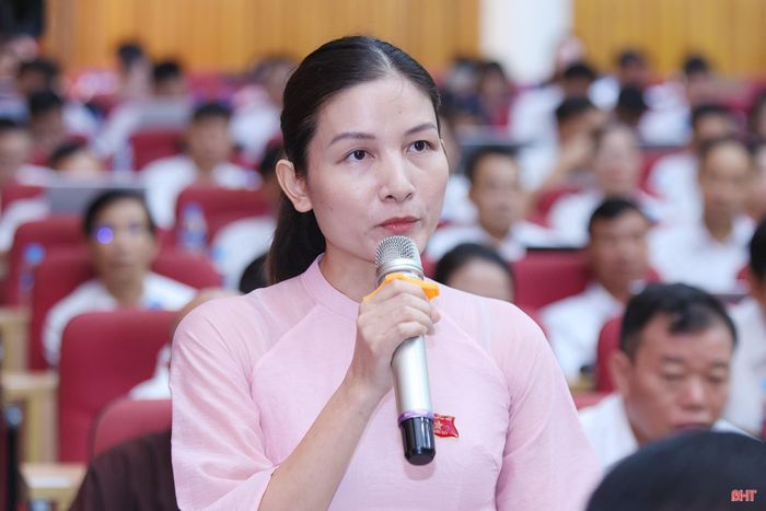 Đại biểu Đinh Thị Hồng Vân - Ủy viên chuyên trách Ban Văn hóa - Xã hội HĐND tỉnh nêu câu hỏi về giải pháp bố trí công việc cho giáo viên, nhân viên đã hết thời hạn điều chuyển, biệt phái.