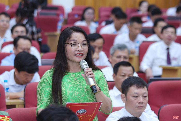 Đại biểu Nguyễn Thị Hà Tân - Phó Bí thư chuyên trách Đảng ủy UBND tỉnh nêu câu hỏi tại phiên chất vấn.