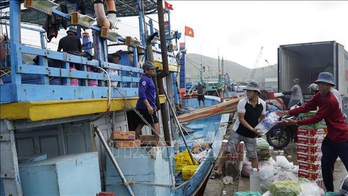 Ngư dân đưa nhu yếu phẩm lên tàu trước khi ra khơi.