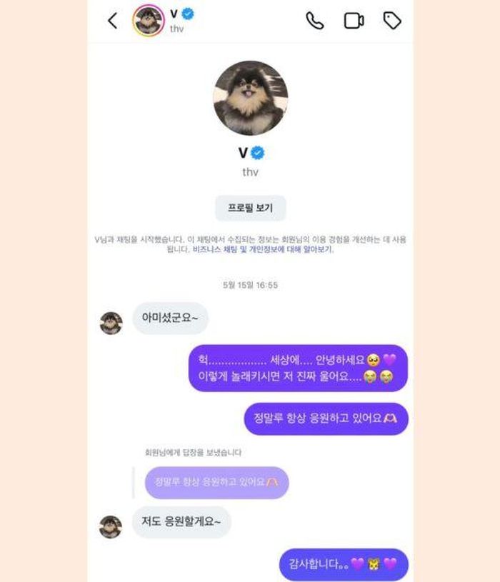 Đoạn hội thoại giữa V (BTS) và người hâm mộ gây thu hút cộng đồng mạng. (Nguồn: Koreboo)