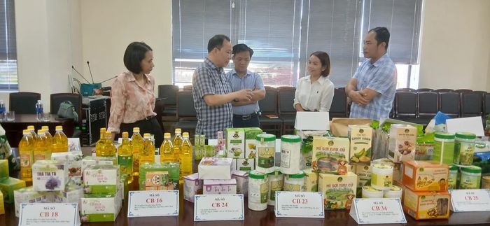 Các thành viên Hội đồng bình chọn sản phẩm công nghiệp nông thôn tiêu biểu cấp tỉnh năm 2026 trao đổi, đánh giá sản phẩm - Ảnh: H.Đ