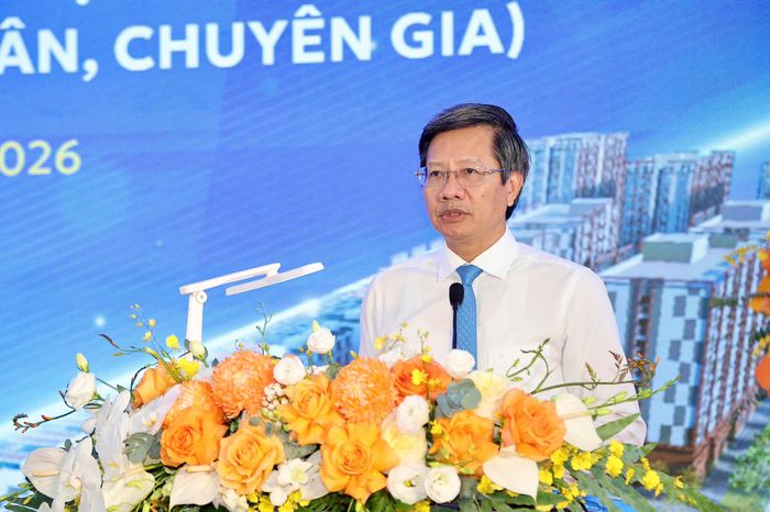Ông Lê Anh Quân, Phó Chủ tịch Thường trực UBND thành phố Hải Phòng phát biểu tại lễ khởi công dự án. Ảnh Cổng thông tin điện tử thành phố Hải Phòng.