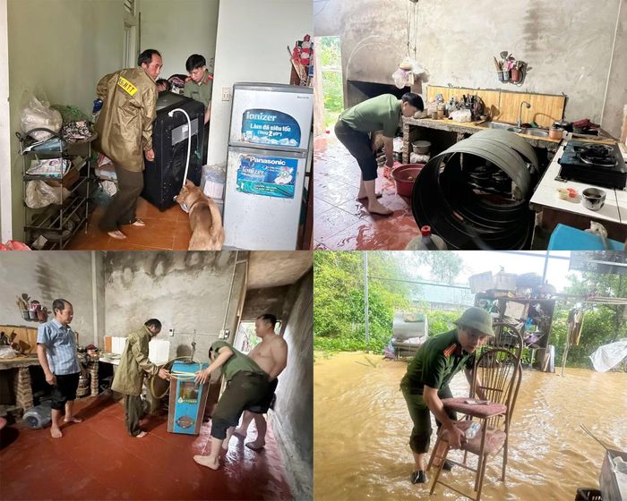  Công an xã Nam Tuấn giúp người dân di dời tài sản ra khỏi vùng ngập lụt. 