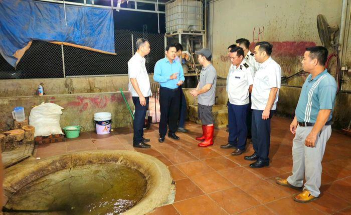 2 giờ sáng 26-6, Đoàn Kiểm tra liên ngành thành phố kiểm tra cơ sở giết mổ nhỏ lẻ của gia đình ông Ngô Văn Giáp ở thôn Mỹ Hạ - xã Trần Phú.. Ảnh: Ánh Dương