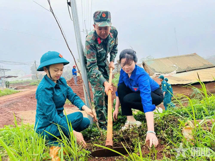  Đoàn viên Chi đoàn cơ sở Đoàn KT-QP 726 trồng cây xanh trong khu dân cư của xã biên giới Quảng Trực. 