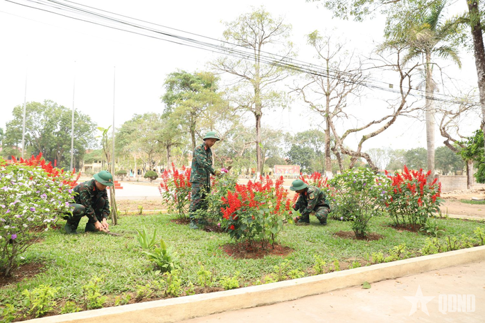  Chiến sĩ Trung đoàn 43 cắt tỉa bồn hoa, thảm cỏ trong khuôn viên cơ quan Trung đoàn. 
