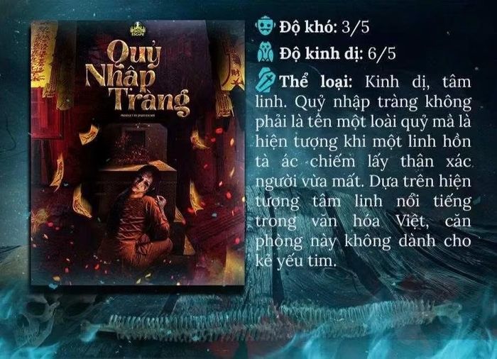 Không gian phòng chơi lấy cảm hứng từ bộ phim 'Quỷ nhập tràng', kết hợp yếu tố kinh dị và giải đố.