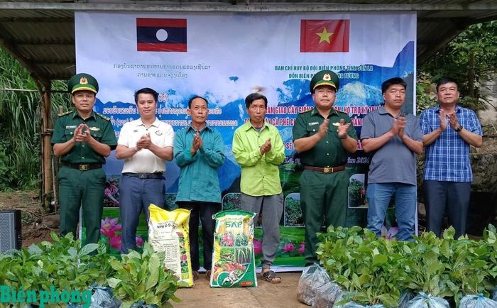 Đồn Biên phòng Chiềng Tương, Bộ đội Biên phòng tỉnh Sơn La tặng cây giống cho các hộ dân bản Móng Năm, huyện Xiềng Khọ, tỉnh Hủa Phăn (Lào). Ảnh: Quàng Hùng
