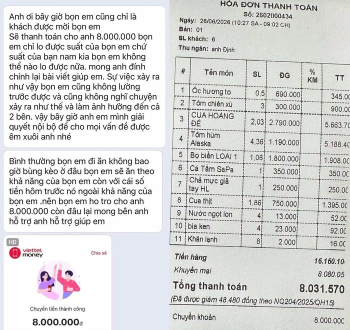 Hóa đơn thanh toán và lời nhắn của cô gái