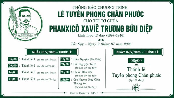 Chương trình Thánh lễ tuyên phong Chân phước linh mục Phanxicô Xaviê Trương Bửu Diệp. Ảnh: Giáo phận Cần Thơ