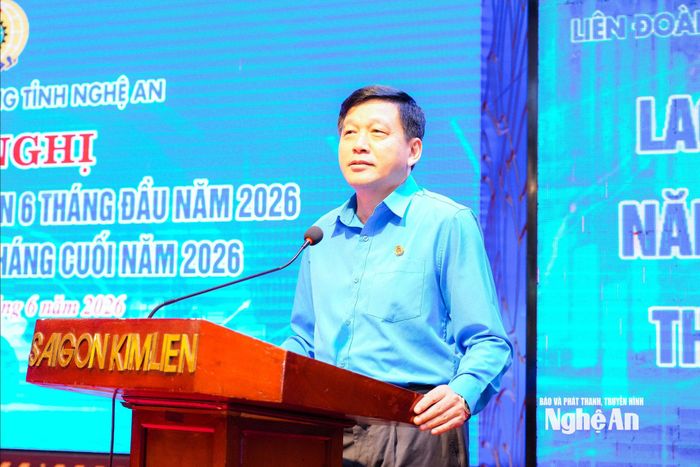Chủ tịch Liên đoàn Lao động tỉnh Kha Văn Tám phát biểu tại hội nghị. Ảnh: TL