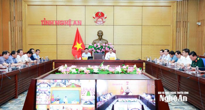 Quang cảnh hội nghị tại điểm cầu UBND tỉnh Nghệ An. Ảnh: Thành Duy