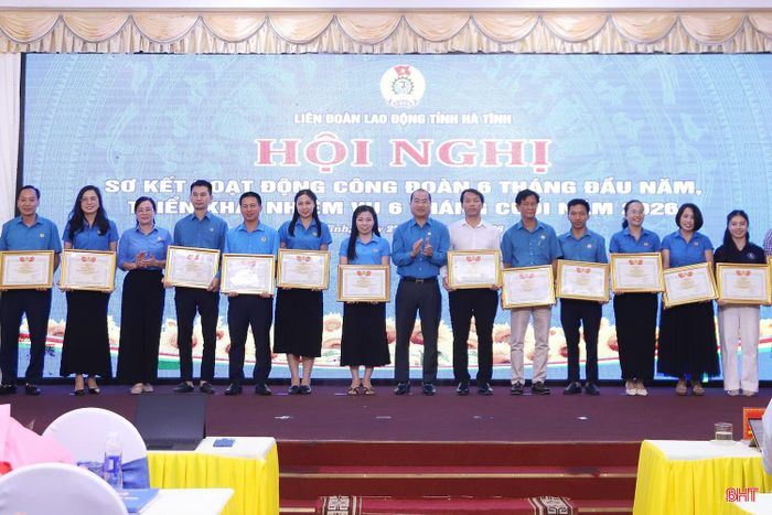 Lãnh đạo LĐLĐ tỉnh trao bằng khen cho các tập thể, cá nhân.