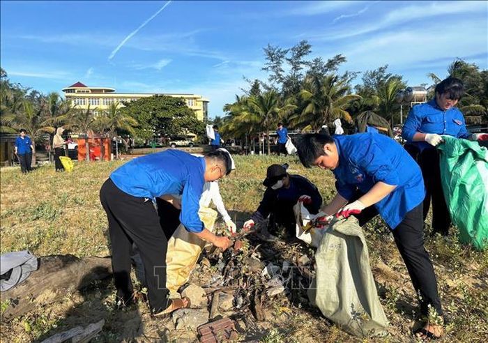 Màu áo xanh tình nguyện của các đoàn viên thanh niên cùng chung tay làm sạch biển. Ảnh: TTXVN phát
