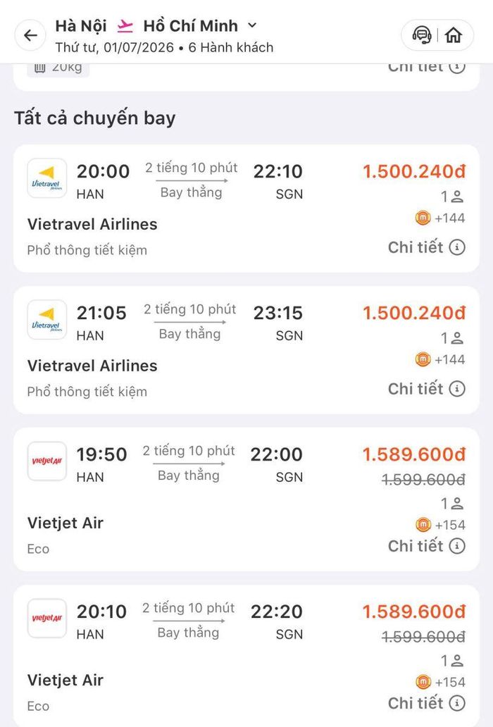 Giá vé máy bay dịp Hè chặng từ Hà Nội đến TP Hồ Chí Minh giảm tới 30 - 50%. Ảnh chụp màn hình
