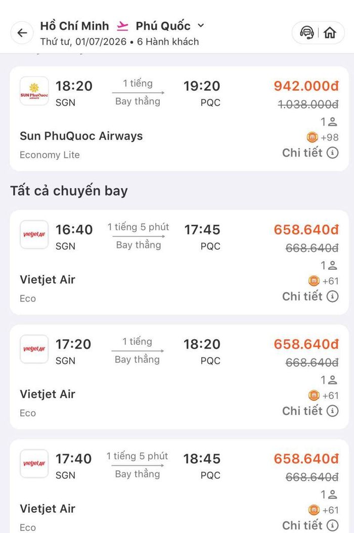 Giá vé máy bay chiều từ TP Hồ Chí Minh đi Phú Quốc đang giảm giá. Ảnh chụp lại màn hình