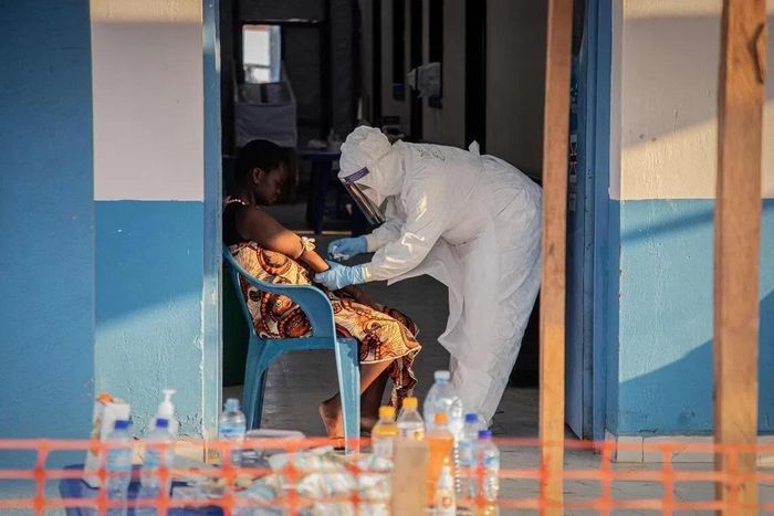Một nhân viên y tế lấy mẫu từ một bệnh nhân mắc bệnh do virus Ebola ở Bunia, Ituri, Cộng hòa Dân chủ Congo vào ngày 23/6/2026. Ảnh: AFP