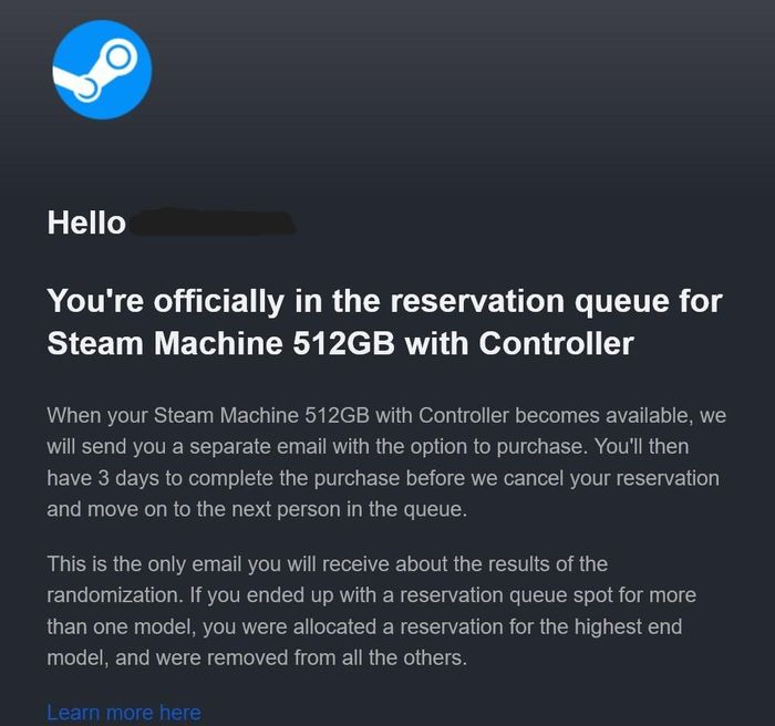 Steam Machine reservation email.