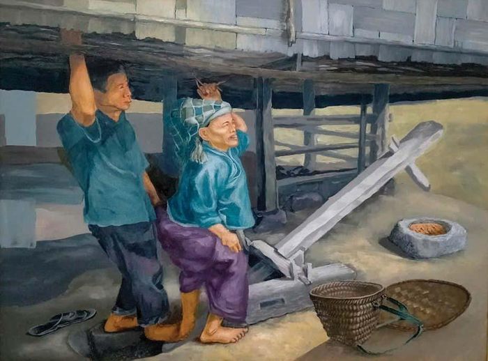 Giã gạo. Tranh: Nguyễn Văn Bình