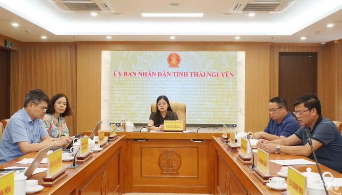 Đồng chí Nguyễn Thị Loan, Ủy viên Ban Thường vụ Tỉnh ủy, Phó Chủ tịch UBND tỉnh cùng các đại biểu dự Hội nghị tại điểm cầu Thái Nguyên.