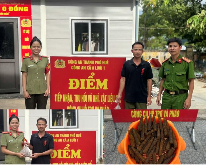 Người dân ở xã A Lưới 1 giao nộp số đạn nhặt được trong lúc đi rừng cho Công an xã.