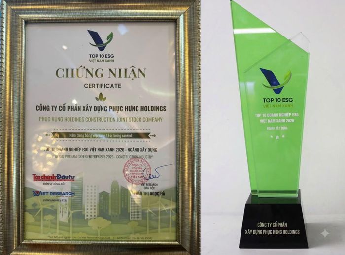 Chứng nhận Top 10 Doanh nghiệp ESG Việt Nam Xanh 2026 xướng tên Phục Hưng Holdings.
