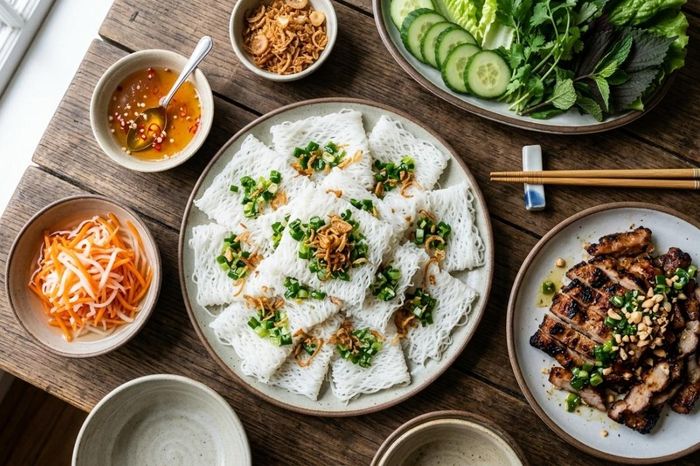 Sợi bánh hỏi nhỏ, trắng mịn, đan xen nhau như tấm lưới. Bánh thường được phết mỡ hành, ăn kèm thịt heo quay, lòng heo, thịt nướng, cùng nước mắm chua ngọt