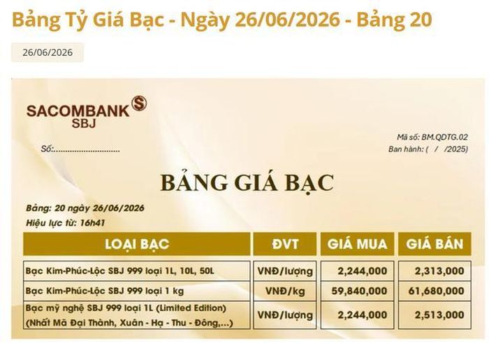 Giá bạc Sacombank-SBJ hôm nay 27/6.