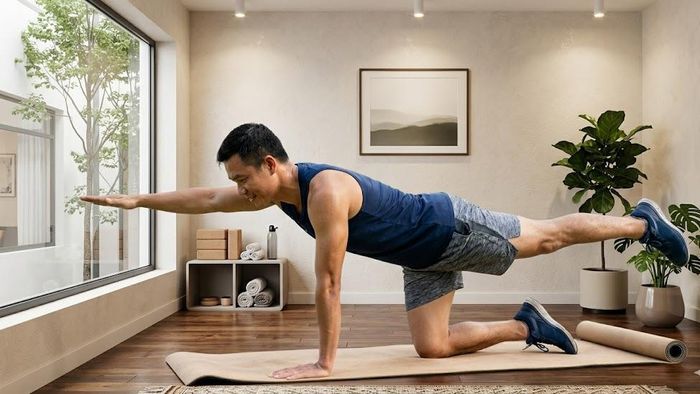 Chim - chó là bài tập tăng cường sức mạnh và độ ổn định vùng thân mình được khuyến nghị cho người trung niên và cao tuổi.