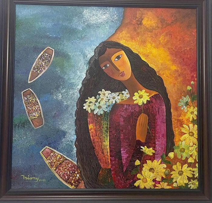 Tác phẩm “Biển và em” (acrylic, 100 x 100cm, 2026) của Thảo My