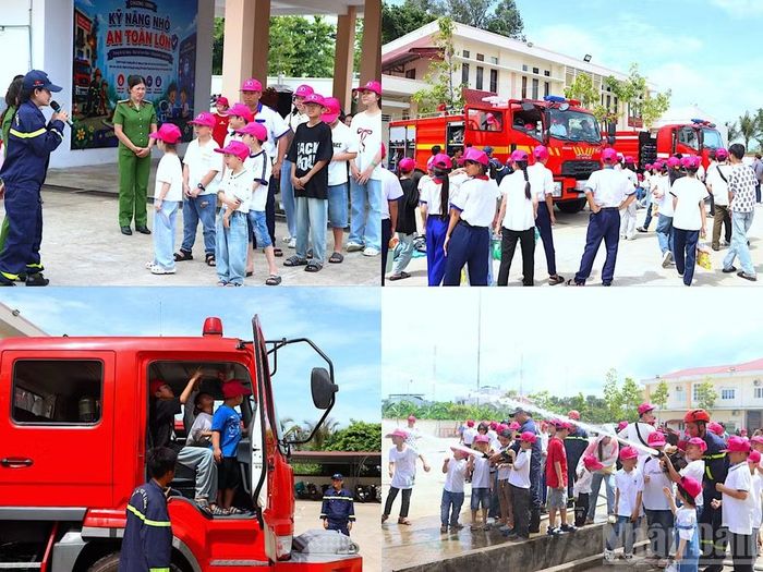 Các em thiếu nhi, học sinh tham gia Chương trình “Kỹ năng nhỏ-An toàn lớn” trải nghiệm thực tế công tác phòng cháy chữa cháy.