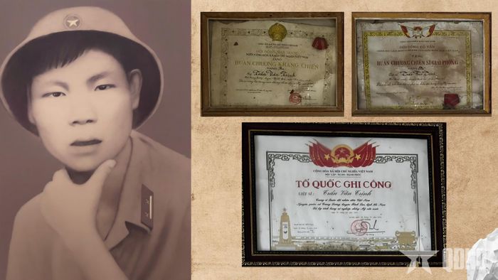 Chân dung liệt sĩ Trần Văn Trịnh và những huân chương, bằng Tổ quốc ghi công liệt sĩ. Ảnh đã qua phục chế