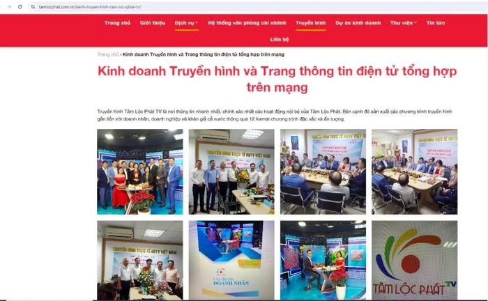 Trang Web của Tâm Lộc Phát giới thiệu về “Truyền hình Tâm Lộc Phát TV” khiến nhiều người lầm tưởng Công ty này có kênh truyền hình riêng.