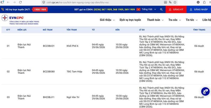 Lịch cắt điện Đà Nẵng ngày 29/6 cập nhật lúc 15h45 ngày 28/6 tại website của EVNCPC. Ảnh: BNEWS/TTXVN