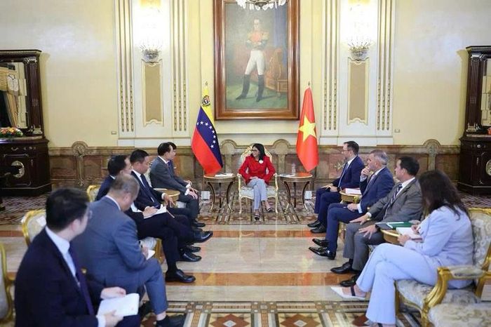 Đoàn công tác hội kiến Tổng thống lâm thời Venezuela Delcy Rodriguez.