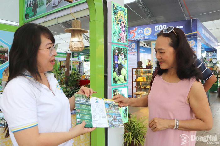Đến tham quan lễ hội, du khách có thể tìm hiểu thêm về các điểm đến, tour khám phá vườn cây ăn trái tại khu vực Long Khánh. Trong ảnh: Du khách đến từ Thành phố Hồ Chí Minh tìm hiểu tour khám phá Long Khánh. Ảnh: Ngọc Liên