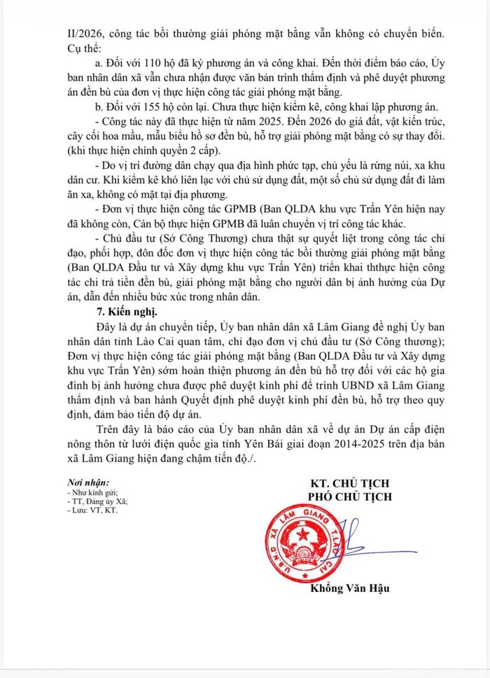 Văn bản UBND xã Lâm Giang gửi UBND tỉnh và các cơ quan chức năng, kiến nghị giải quyết việc đền bù, hỗ trợ cho các hộ dân bị ảnh hưởng bởi dự án.