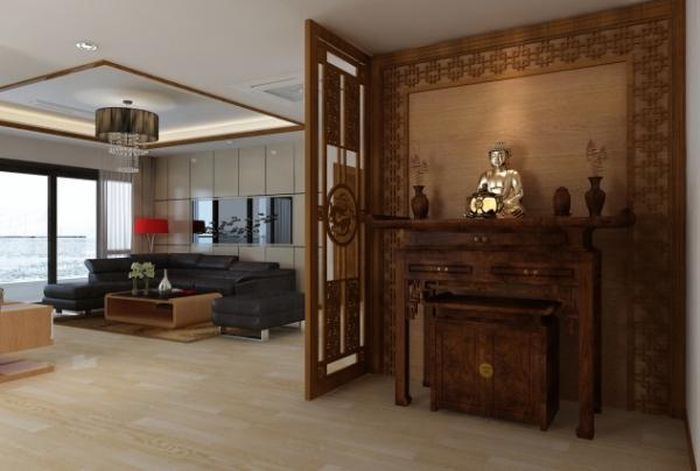 Để tạo được không gian trang trọng, linh thiêng, bạn nên sử dụng rèn hoặc vách ngăn với những hoa văn cổ. Những thiết kế này vừa giúp bạn tiết kiệm được diện tích, mà vẫn đảm bảo sự tôn nghiêm, thanh tịnh của các hoạt động thờ cúng.