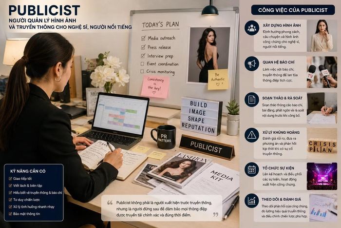 Publicist là người quản lý hình ảnh truyền thông cho nghệ sĩ, người nổi tiếng. Ảnh được thực hiện bởi AI.