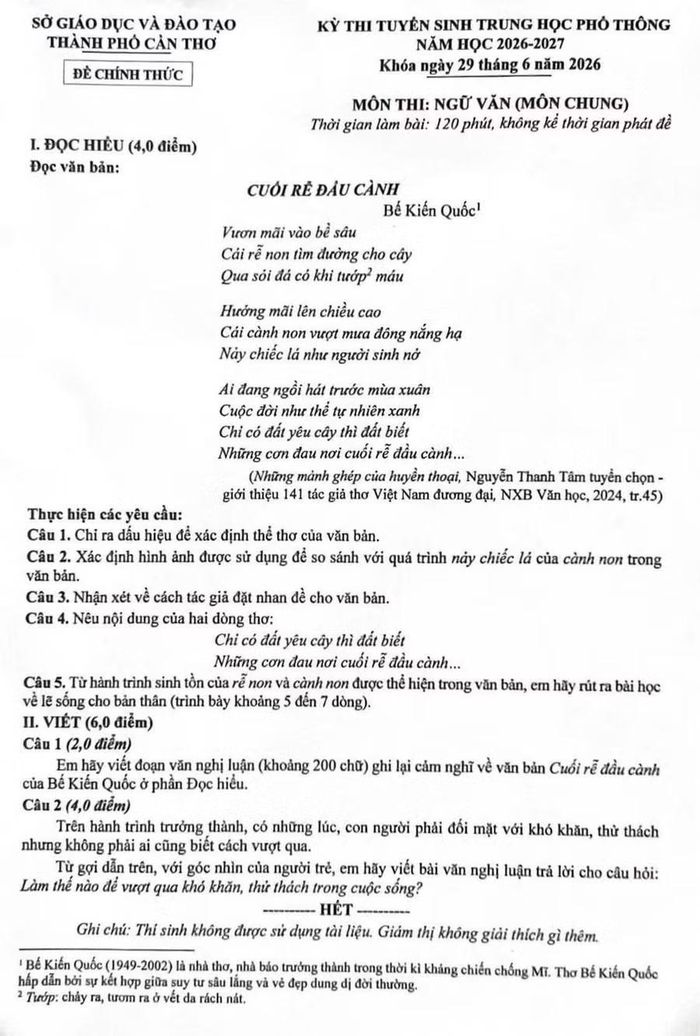 Đề thi môn Ngữ văn.