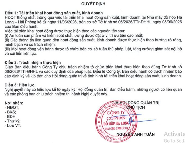 CTCP Đồ hộp Hạ Long - Halong Canfoco tái khởi động nhà máy tại Hải Phòng. Nguồn: CAN