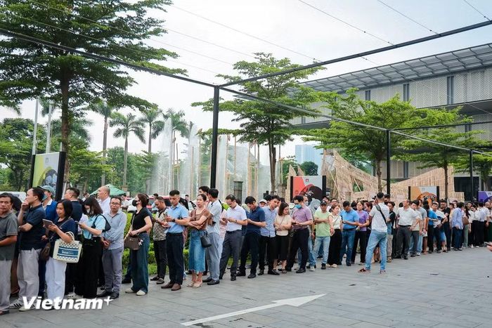Hàng dài người dân xếp hàng để lấy vé. (Ảnh: Hoài Nam/Vietnam+)