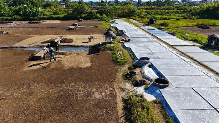 Công đoạn xúc đất mặn để chuẩn bị lọc nước chạt (nước muối đậm đặc từ cát).