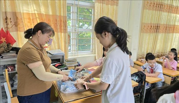 Sau khi uống, vỏ hộp sữa được thu gom cẩn thận,phân loại thành rác tái chế. Ảnh: Thanh Vân - TTXVN